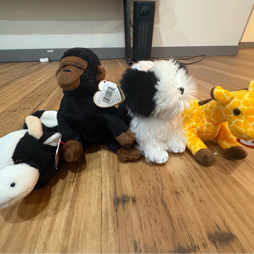 Beanie Babies Plush Toy Set - Monkey, Dog, Cow, Giraffe